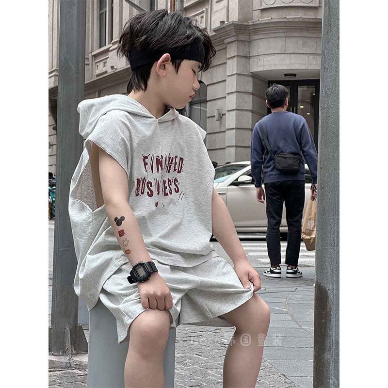 男童套装儿童无袖背心连帽短裤夏装2025新款运动帅气男孩休闲透气