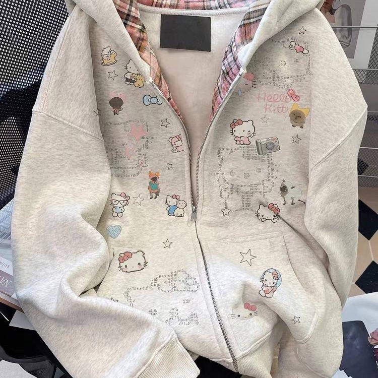 hellokitty卫衣开衫女中大童秋冬加绒加厚韩系慵懒风连帽拉链外套