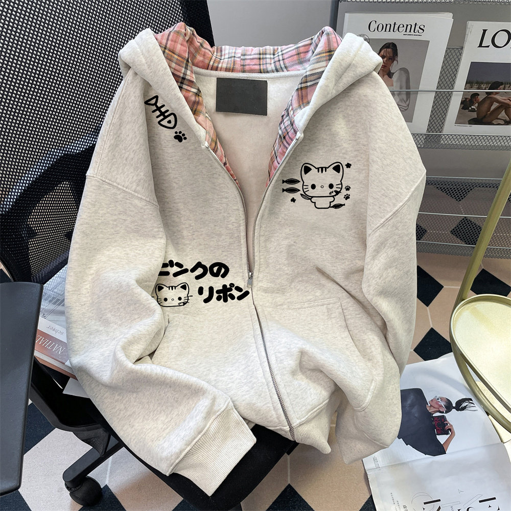 男女中大童二次元猫咪卡通粉色格子连帽卫衣加绒加厚春秋冬季上衣