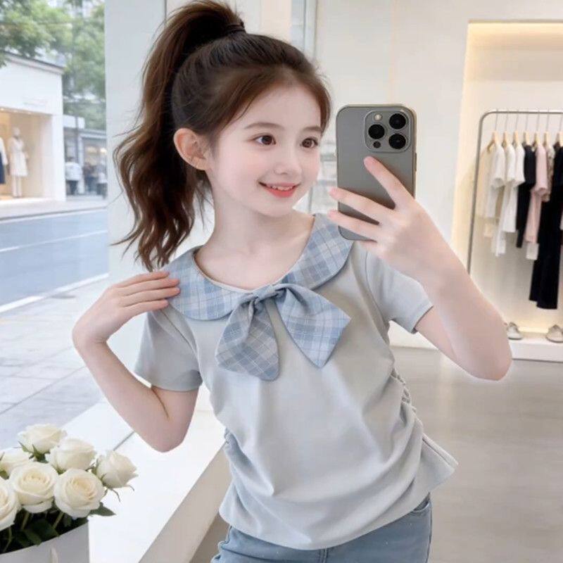 女童韩系甜美格纹蝴蝶结系带圆领短袖纯棉夏季中大童褶皱收腰T恤