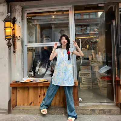 实拍2024~圆领小清新蓝色碎花连衣裙夏慵懒风宽松休闲短裙女装