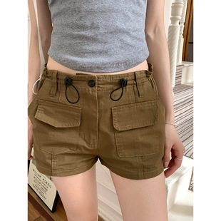 实拍新款美式复古辣妹风bm工装短裤女弹力腰头口袋运动休闲热裤