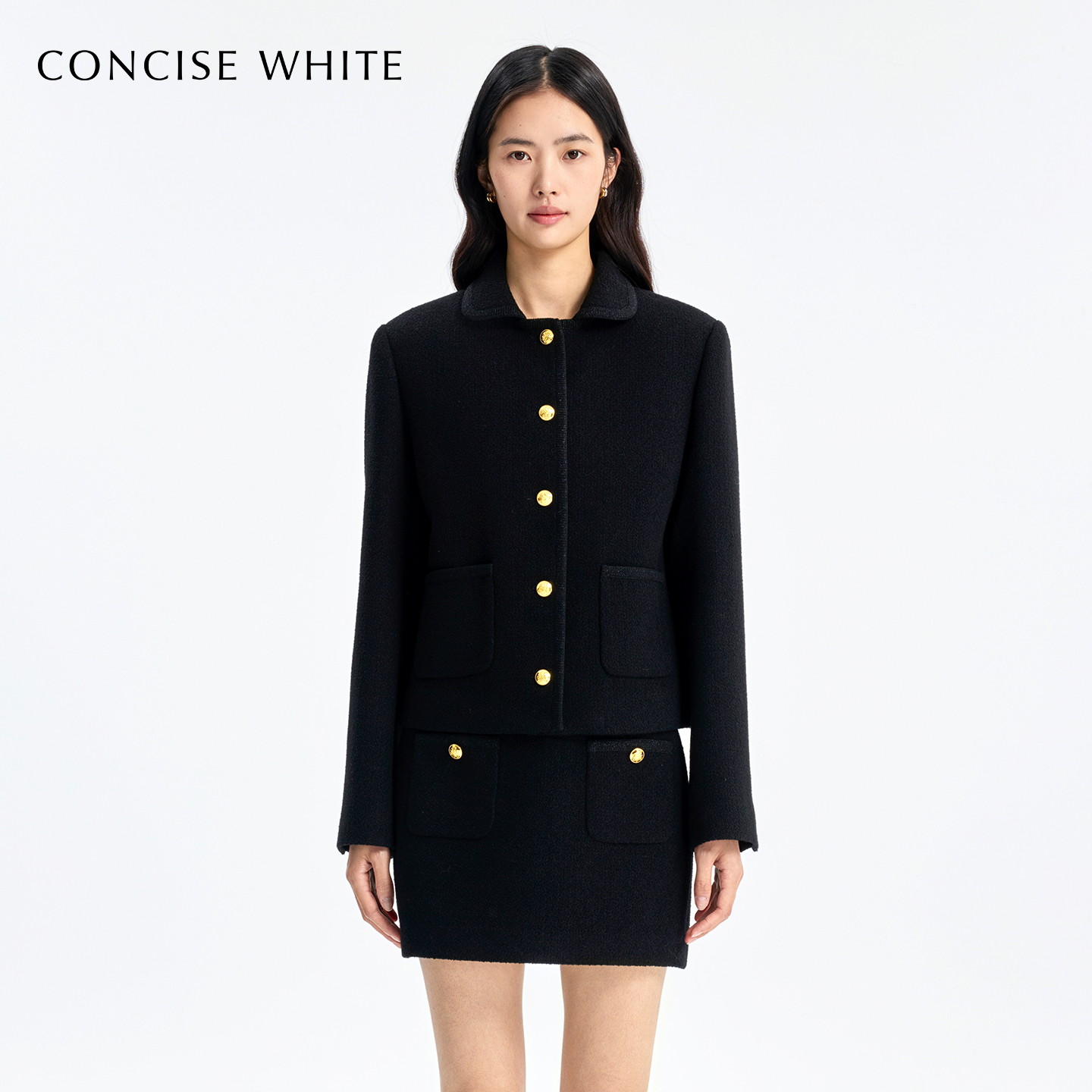 CONCISE-WHITE简白2025秋冬新品短款翻领金扣外套羊毛女装高级感