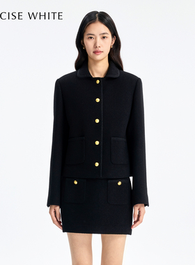 CONCISE-WHITE简白2025秋冬新品短款翻领金扣外套羊毛女装高级感
