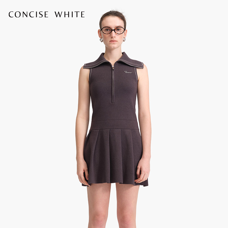 CONCISE-WHITE简白 无袖百褶翻领LOGO连衣裙24春季新品设计师品牌 女装/女士精品 连衣裙 原图主图