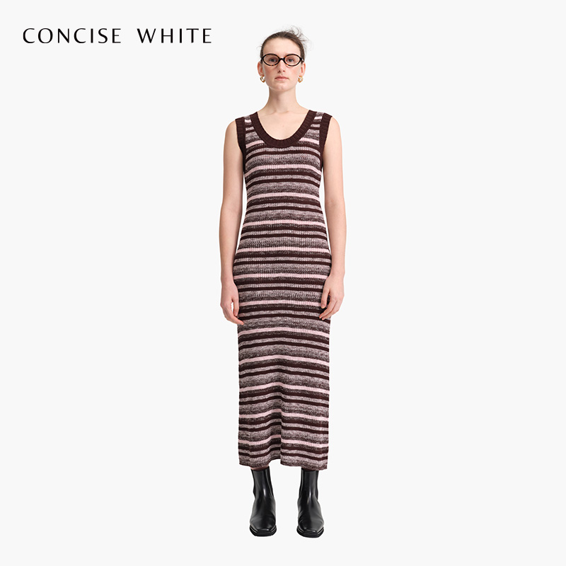 CONCISE-WHITE简白 彩条针织长款连衣裙女24春季新品设计师品牌