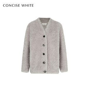 CONCISE V领廓形宽松气质羊毛毛呢外套女 WHITE简白2025秋冬新品
