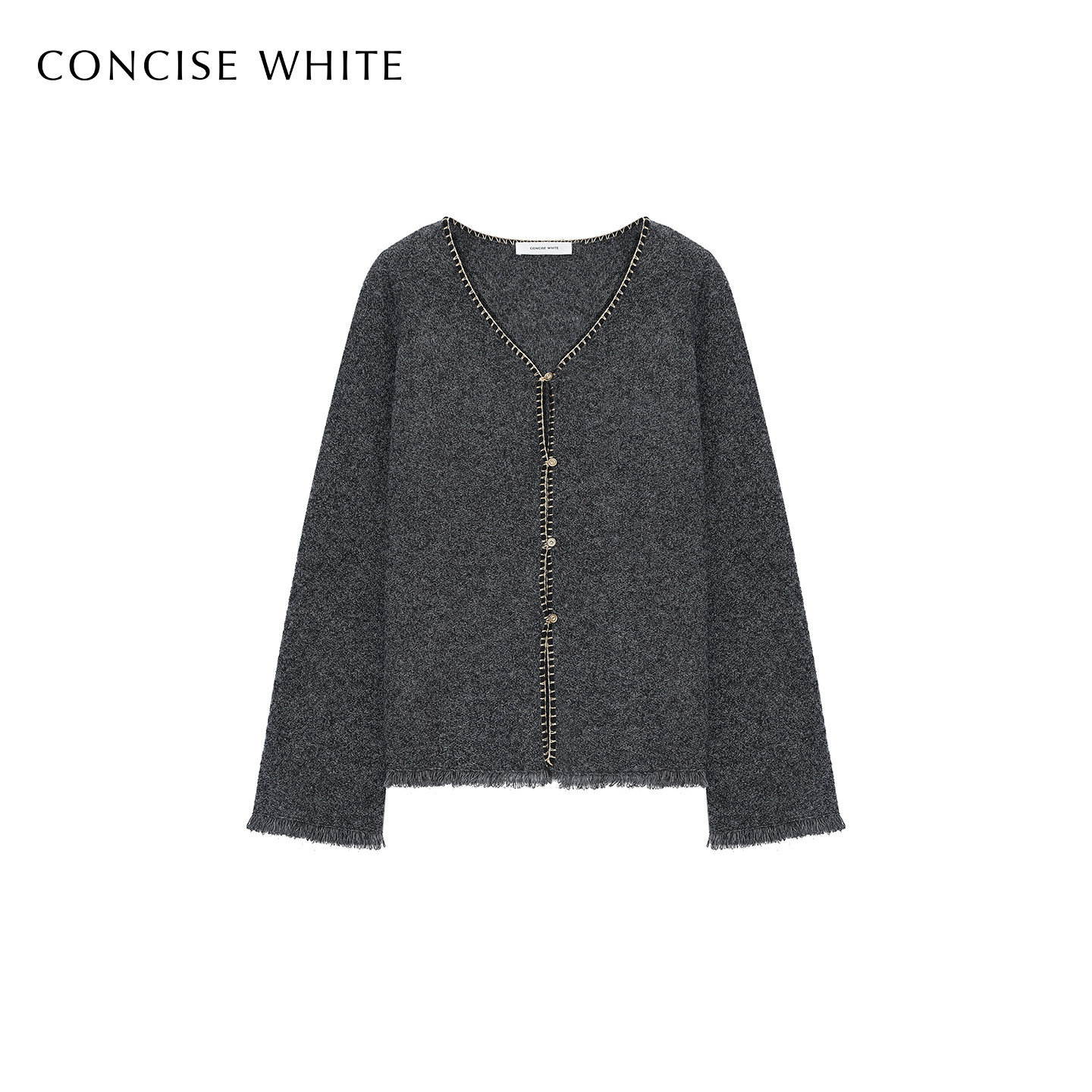 CONCISE-WHITE简白2025秋冬新品毛边V领羊毛开衫毛衣针织衫上衣女