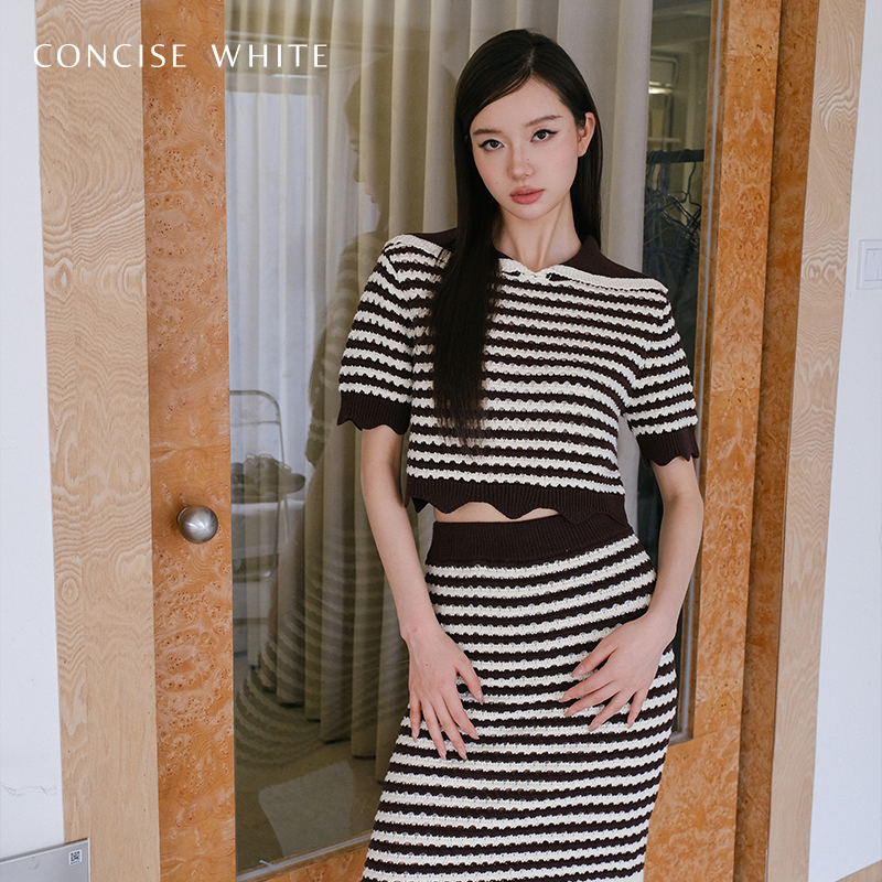 concise-white简白翻领条纹针织t恤短袖23早秋新品设计师品牌女 女装/女士精品 毛针织衫 原图主图