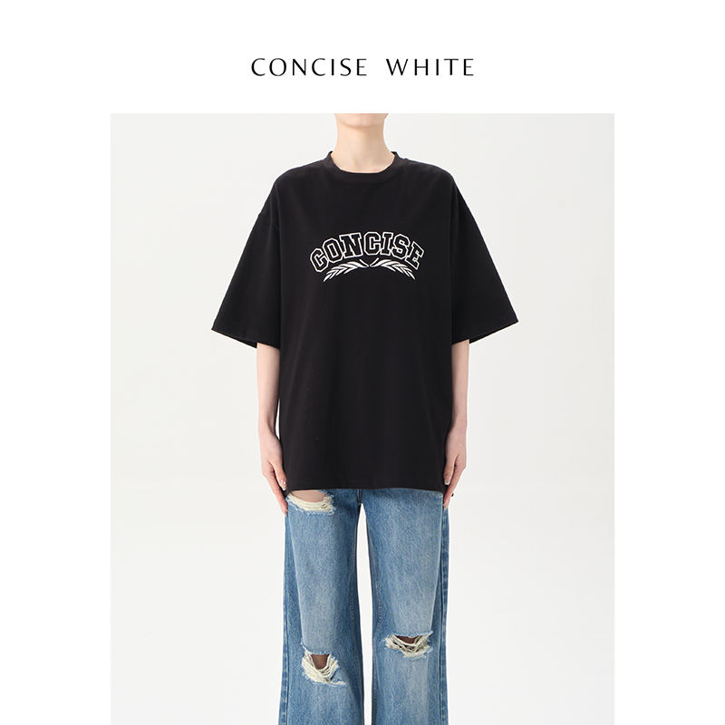 CONCISE-WHITE简白 LOGO刺绣短袖T恤宽松休闲纯色正肩春夏新款 女装/女士精品 T恤 原图主图