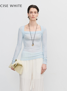 CONCISE-WHITE简白新款轻薄长袖T恤方领打底上衣设计师女装