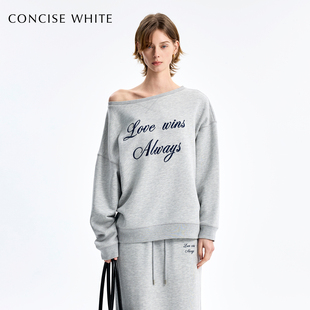 CONCISE WHITE简白2025秋季 新款 刺绣字母一字肩卫衣套头露肩时尚
