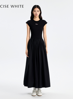 CONCISE-WHITE简白白色法式气质拼接连衣裙长裙收腰连衣裙女装