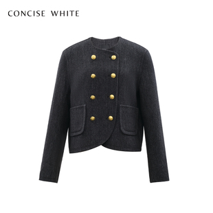 CONCISE 设计师品牌 毛呢外套女秋冬新品 WHITE简白双排扣短款