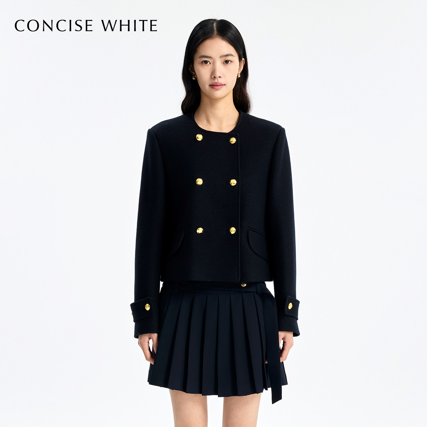 CONCISE-WHITE简白2025秋冬新品双排扣毛呢短外套羊毛高级感女款