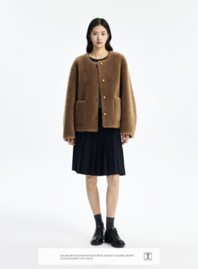 CONCISE-WHITE简白2025秋冬新品金扣圆领短皮草毛呢羊毛外套女