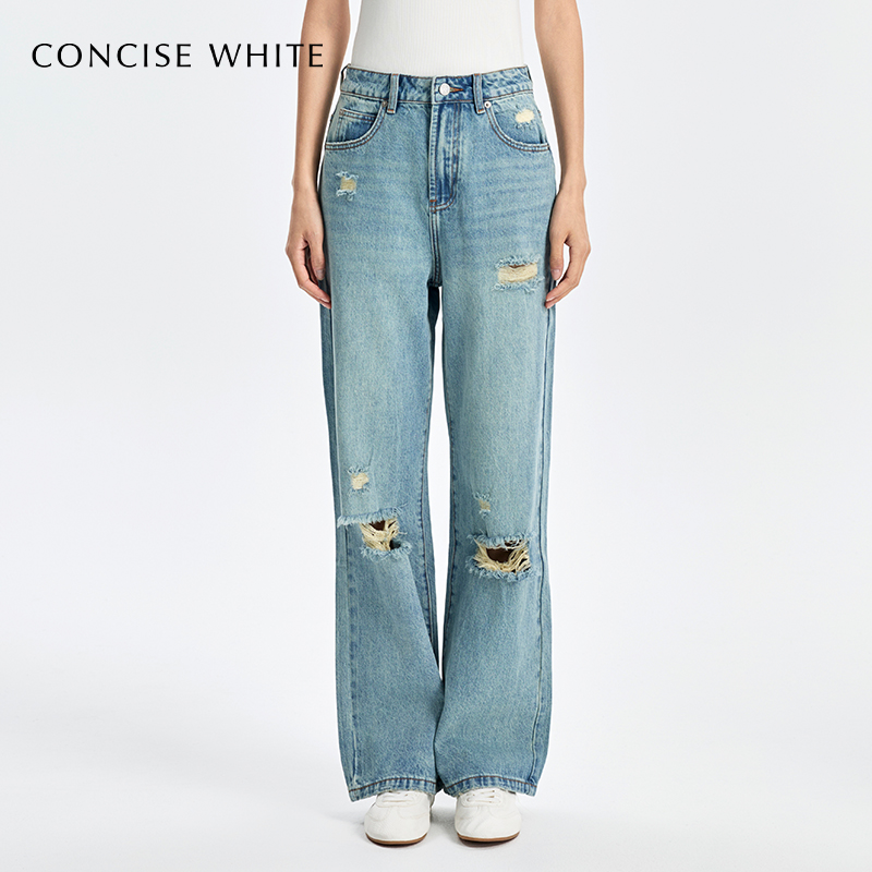 concise-white破洞直筒牛仔裤