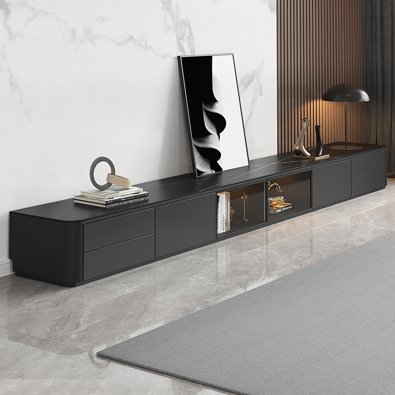 岩板电视柜茶几组合家用客厅2025新款黑色实木落地储物柜电视机柜