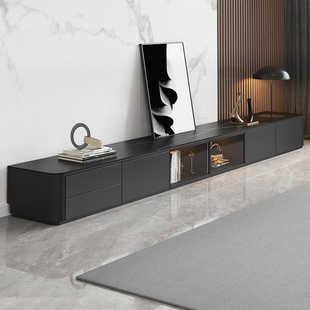 岩板电视柜茶几组合家用客厅2025新款黑色实木落地储物柜电视机柜