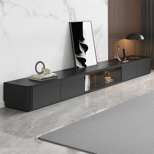 岩板电视柜茶几组合家用客厅2025新款黑色实木落地储物柜电视机柜