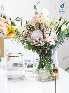 24K纯金描边 欧式淡灰色花瓶透明 水培器书房办公桌水培装饰品