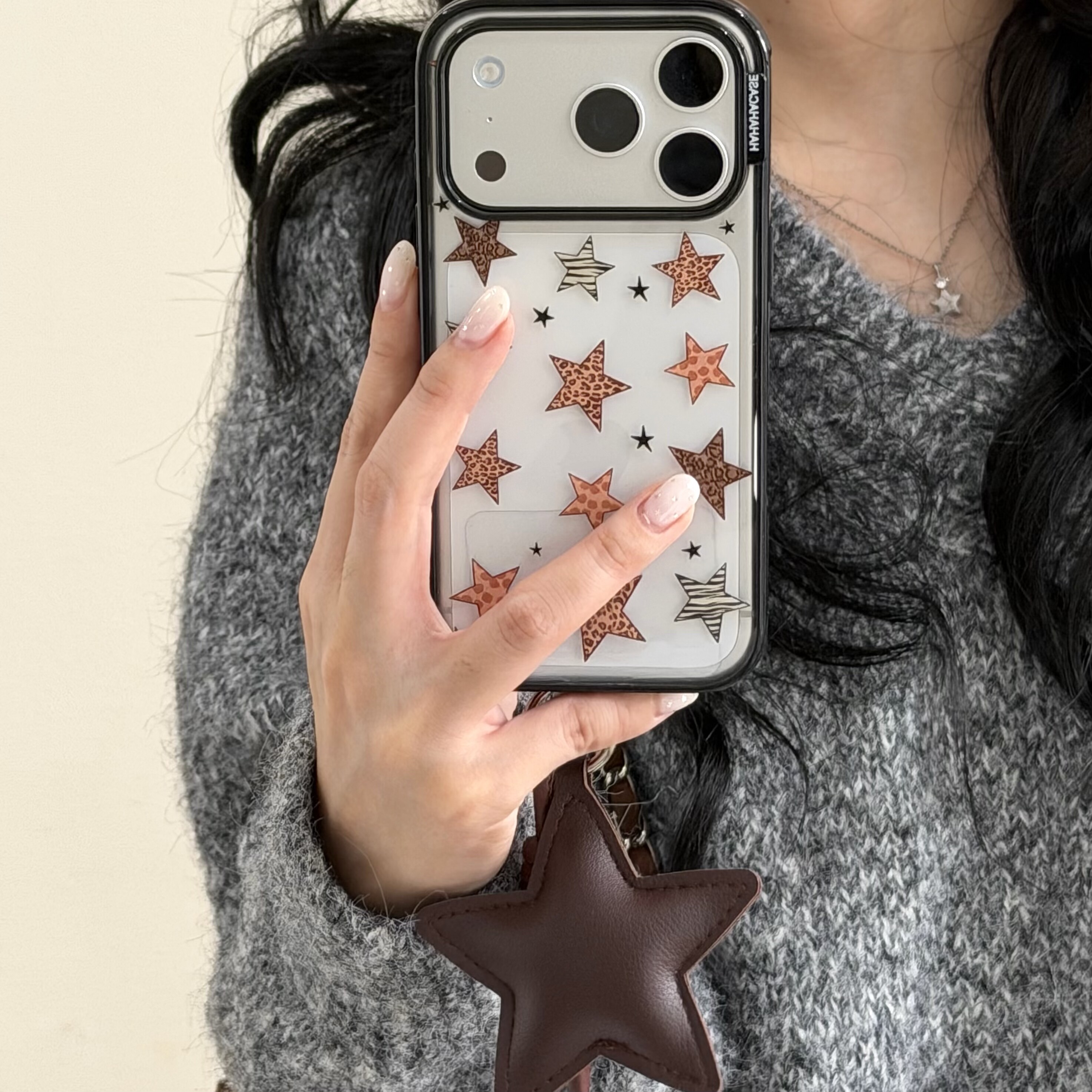 淳于亦简约韩系五角星适用苹果17promax手机壳15全包按键大视窗14/13创意棕色五角星挂绳硅胶软壳16防摔保护