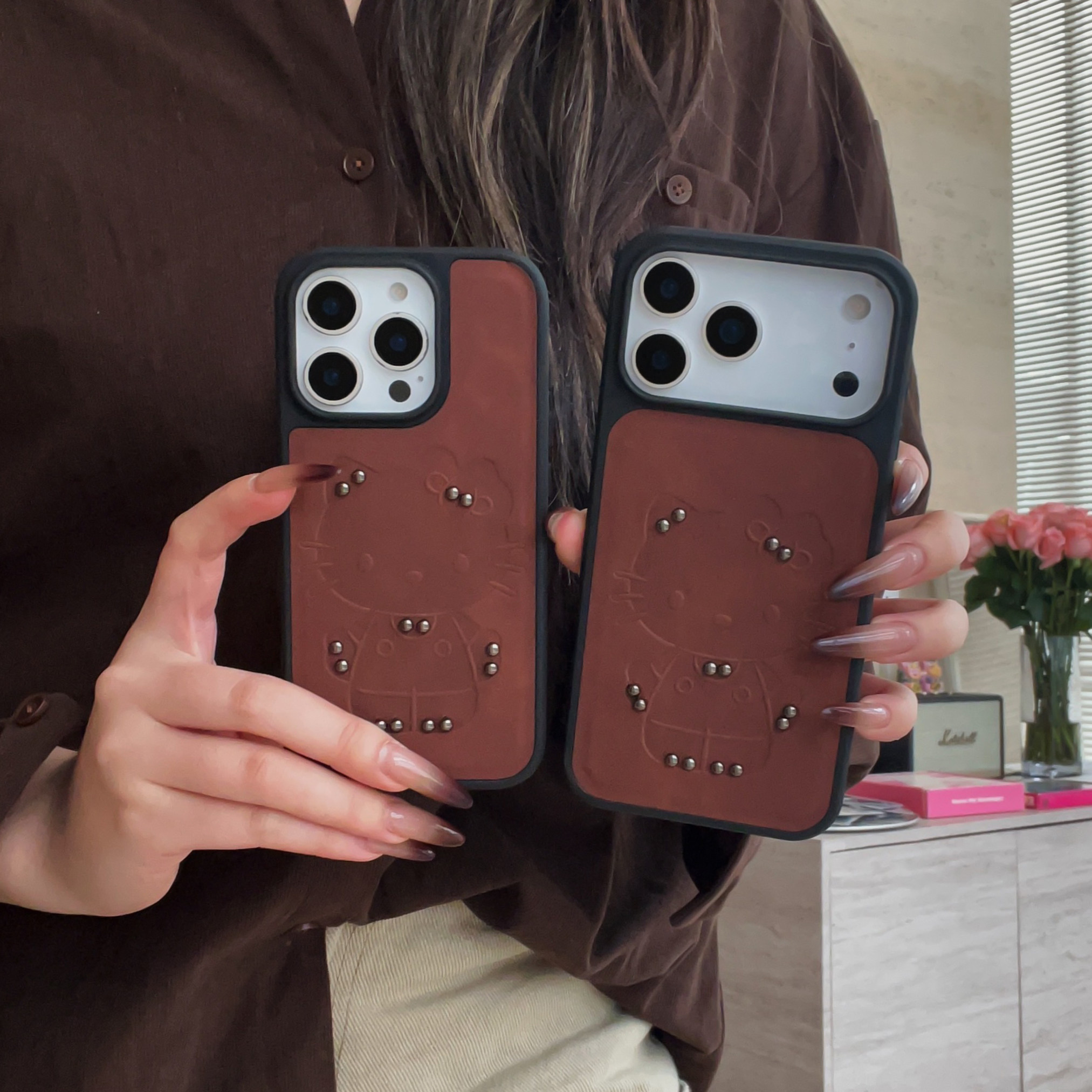 淳于亦ins风棕色小羊皮凯蒂猫适用苹果17promax手机壳15