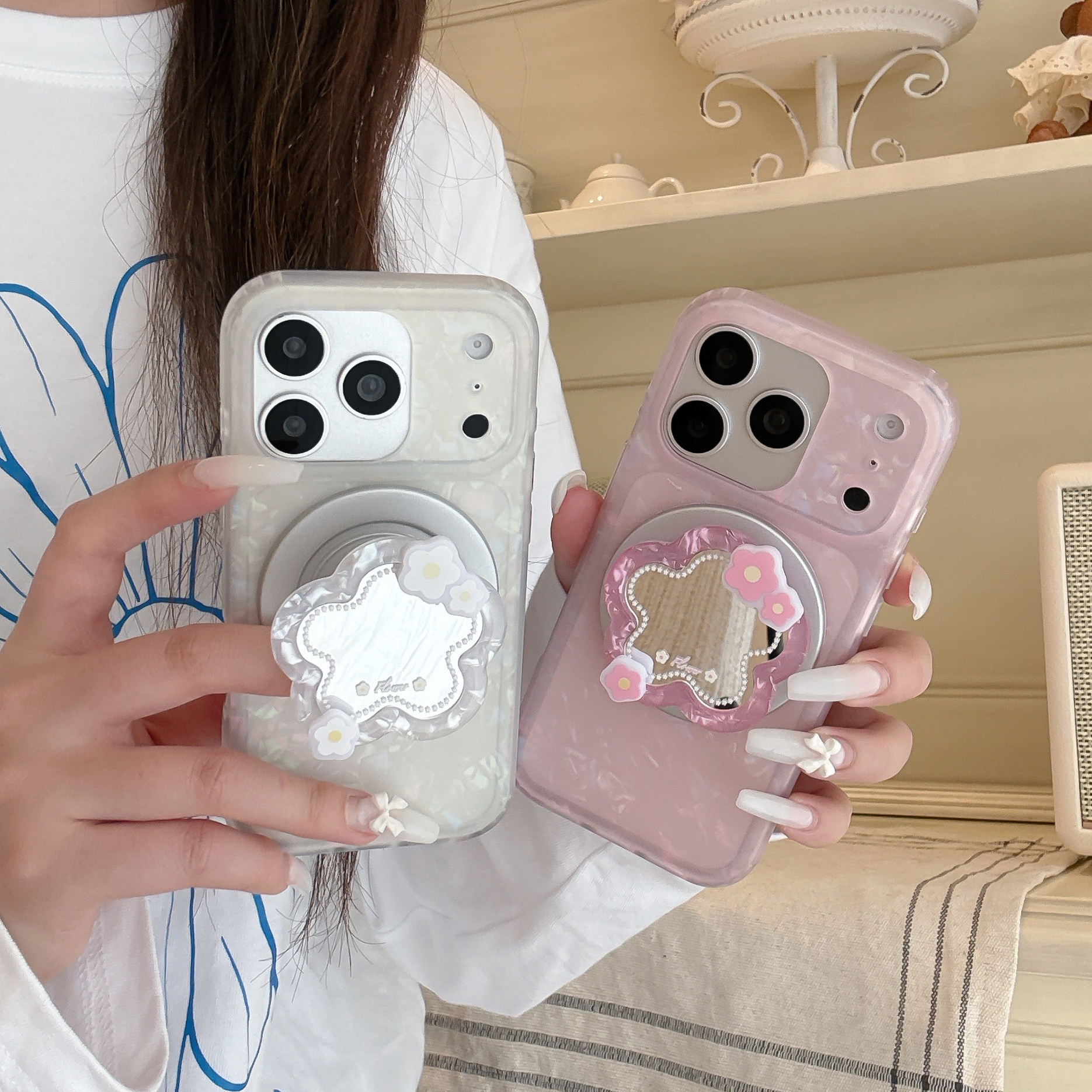 韩系粉色白色贝壳纹底无线充适用苹果17promax手机壳15全包按键半包镜头壳16创意镜面花朵立体磁吸防摔保护壳