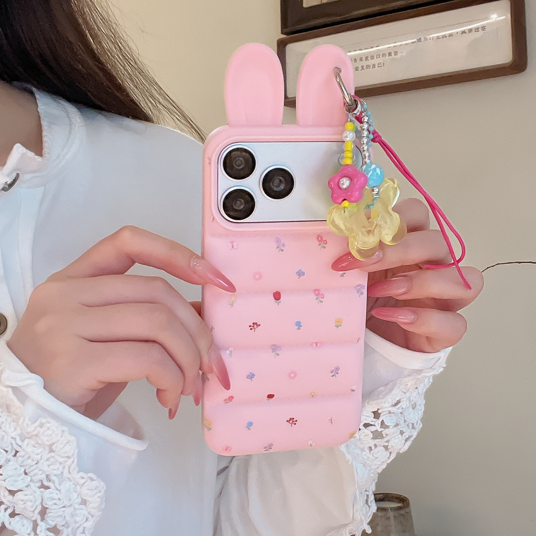 ins可爱立体兔耳纯色满印小碎花适用苹果17promax手机壳15全包按键大视窗14/13创意花朵挂绳硅胶防摔保护软壳