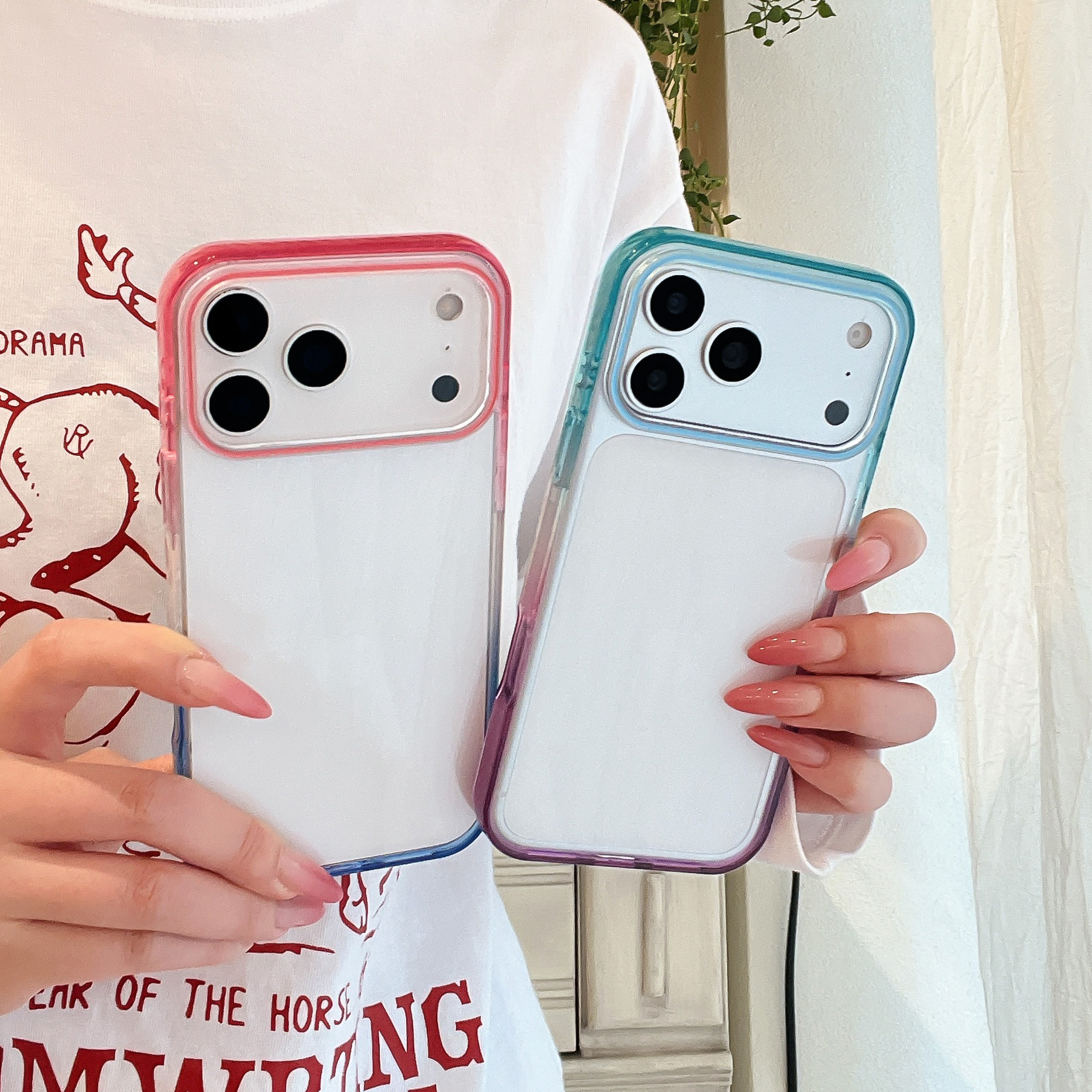 ins韩风简约个性蓝粉紫色透明渐变适用苹果17promax手机壳15全包按键大视窗14/13创意透明硅胶壳16防摔保护壳