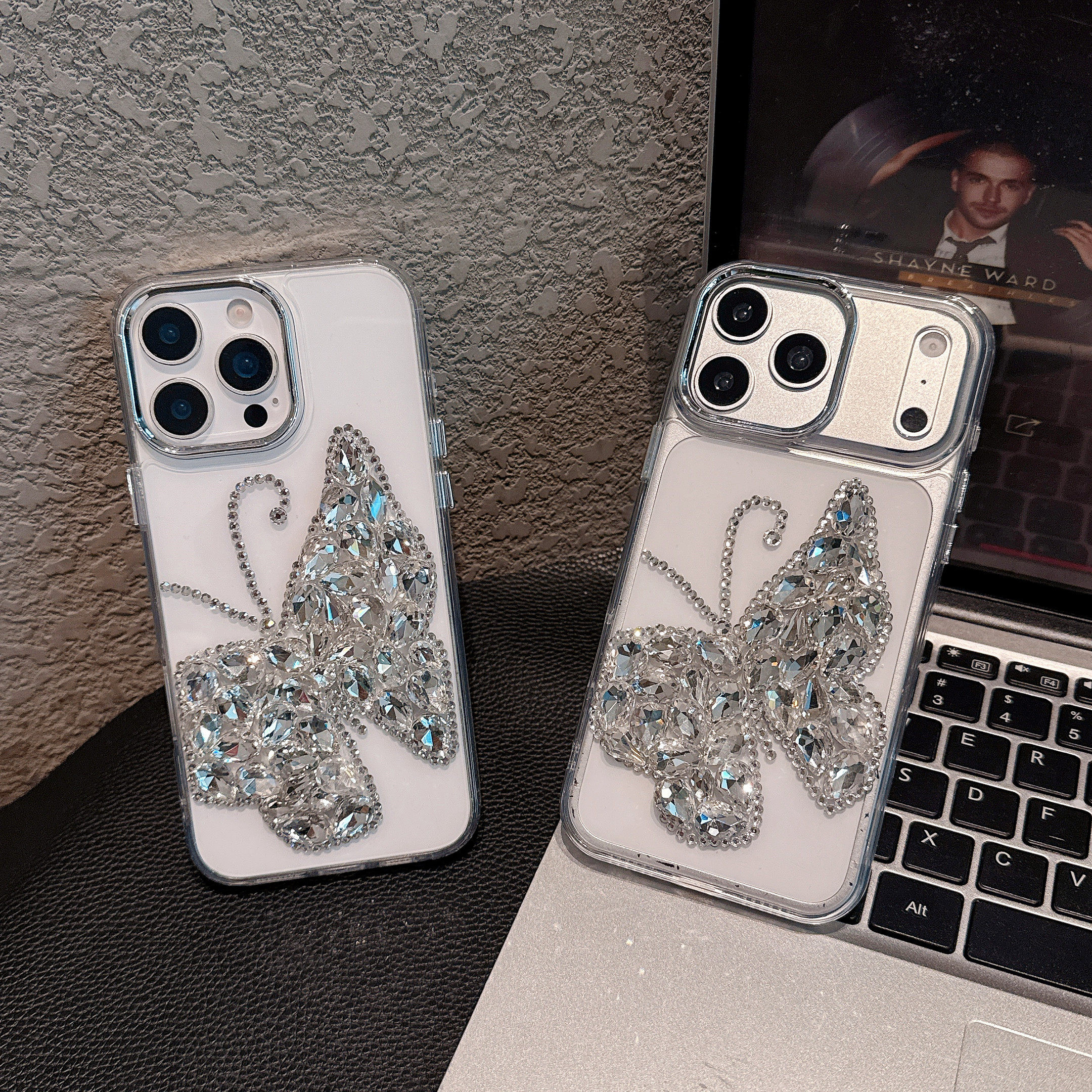 Ins韩系透明镶钻大蝴蝶适用苹果17promax手机壳15全包按键半包镜头壳14/13创意小众透明硅胶软壳16防摔保护壳