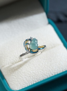 新中式天然蓝水翡翠阳绿戒指