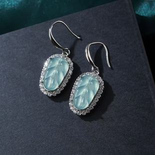 新中式镶嵌天然A货蓝水翡翠冰种叶子耳环女复古轻奢时尚气质耳饰