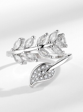 日韩新款潮树叶镶钻戒指女超闪仿真钻戒气质时尚个性轻奢简约指环