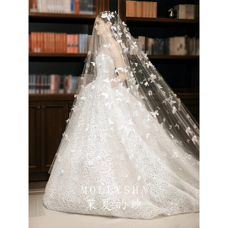 茉夏的纱2025新款新娘主婚纱超仙长款立体蝴蝶珍珠单层拖尾头纱女