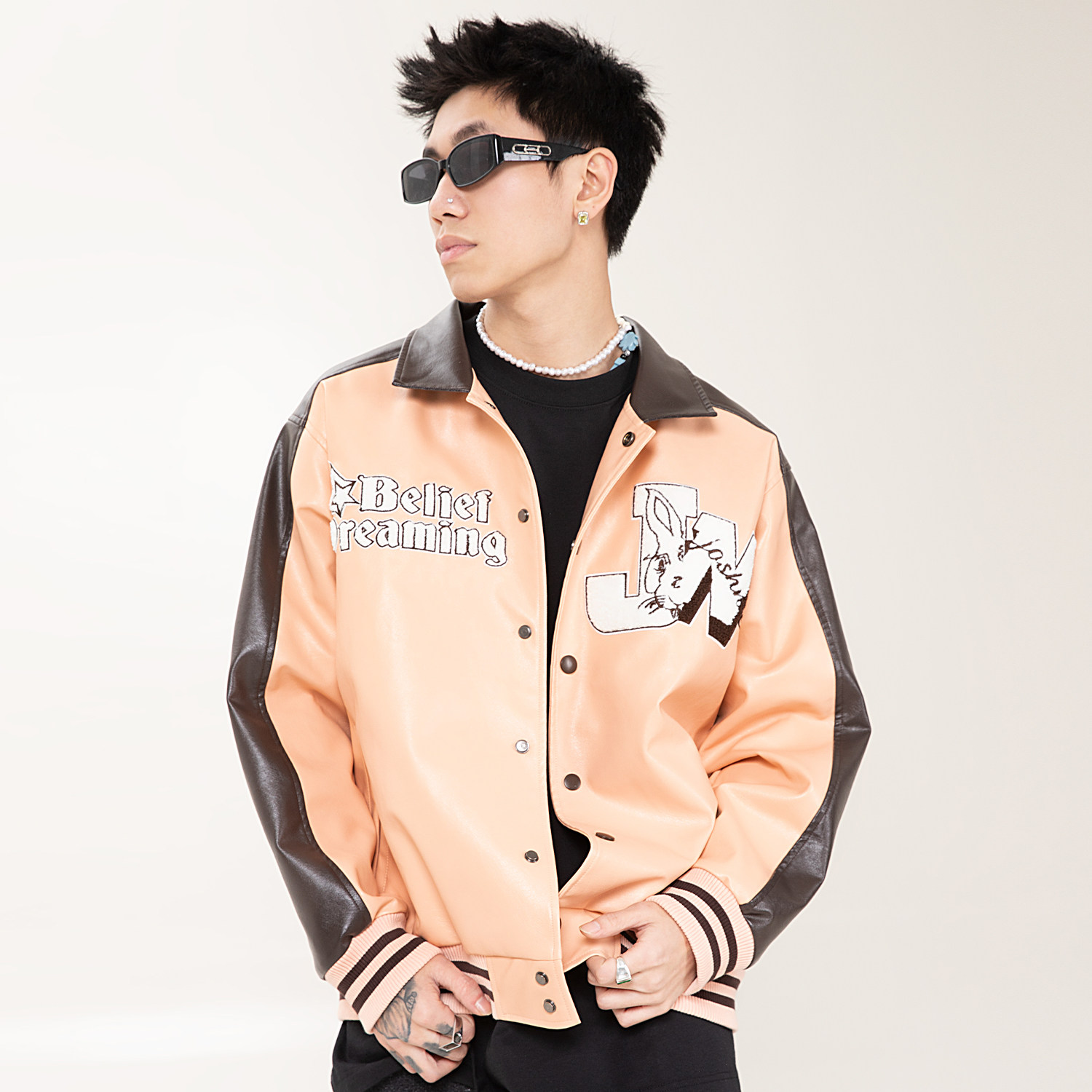 JoshNie翻领秋冬宽松复古皮衣
