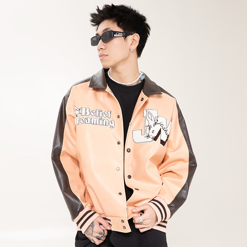 JoshNie翻领秋冬宽松复古皮衣
