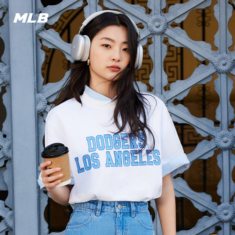 MLB官方男女情侣学院风T恤闪粉logo圆领纯棉短袖24夏季新款TSV06图片