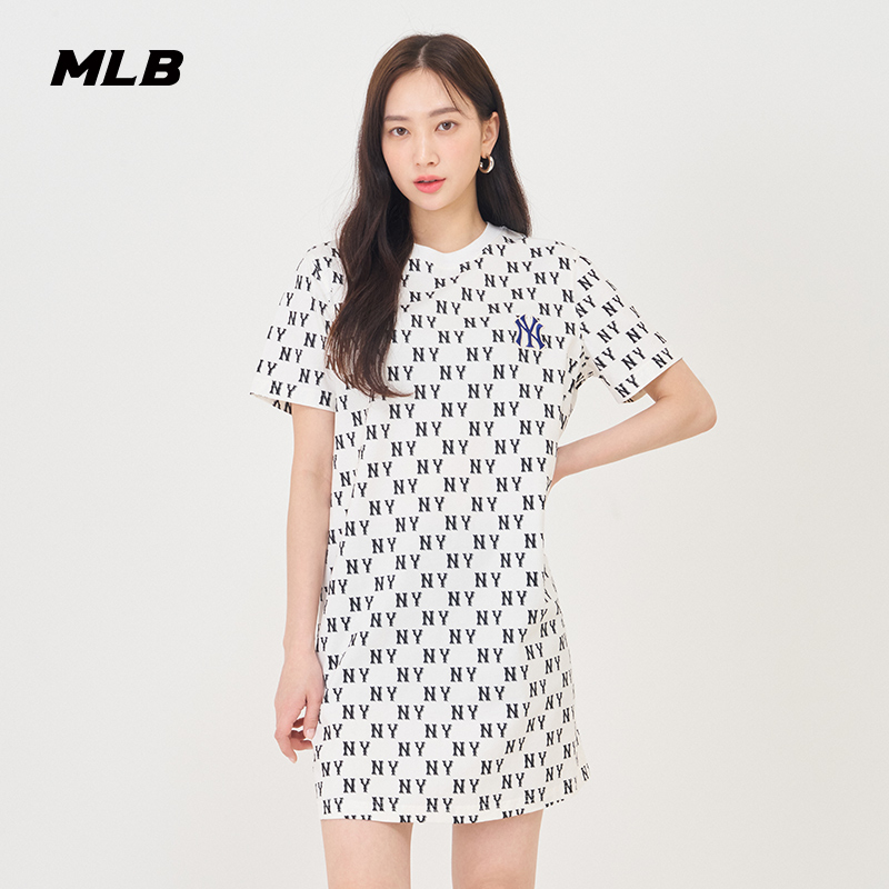 MLB官方 女款满印老花连衣裙圆领短袖休闲裙24夏季新款OPM05