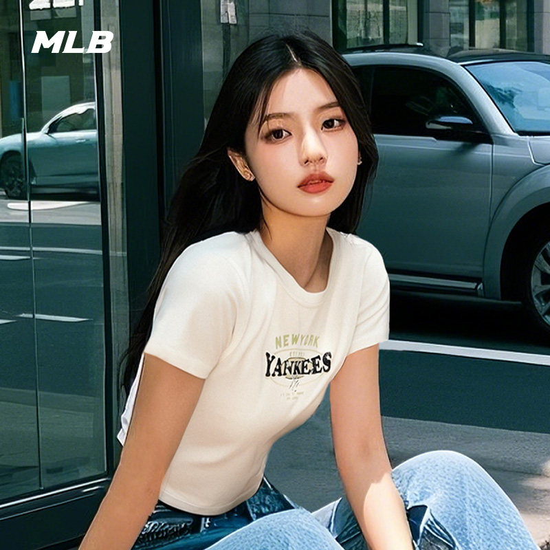 MLB官方 女款学院风做旧时尚修身显瘦正肩短袖T恤夏季新款TSV07