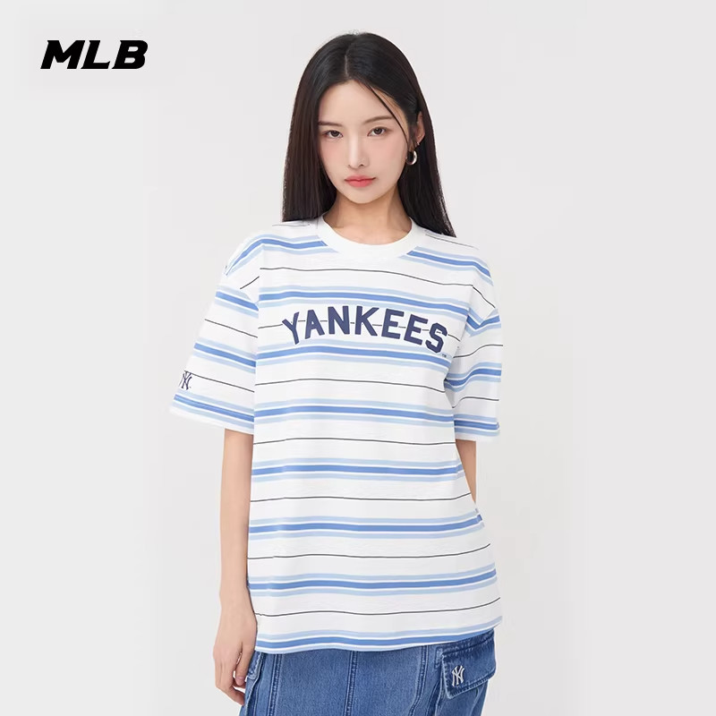 MLB官方 男女情侣学院风条纹撞色圆领运动休闲T恤25夏季新款TSV03