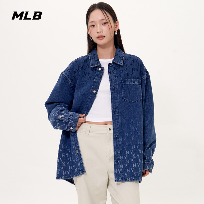 MLB官方 男女情侣老花时尚潮流百搭渐变牛仔衬衫25秋季新款DRM07