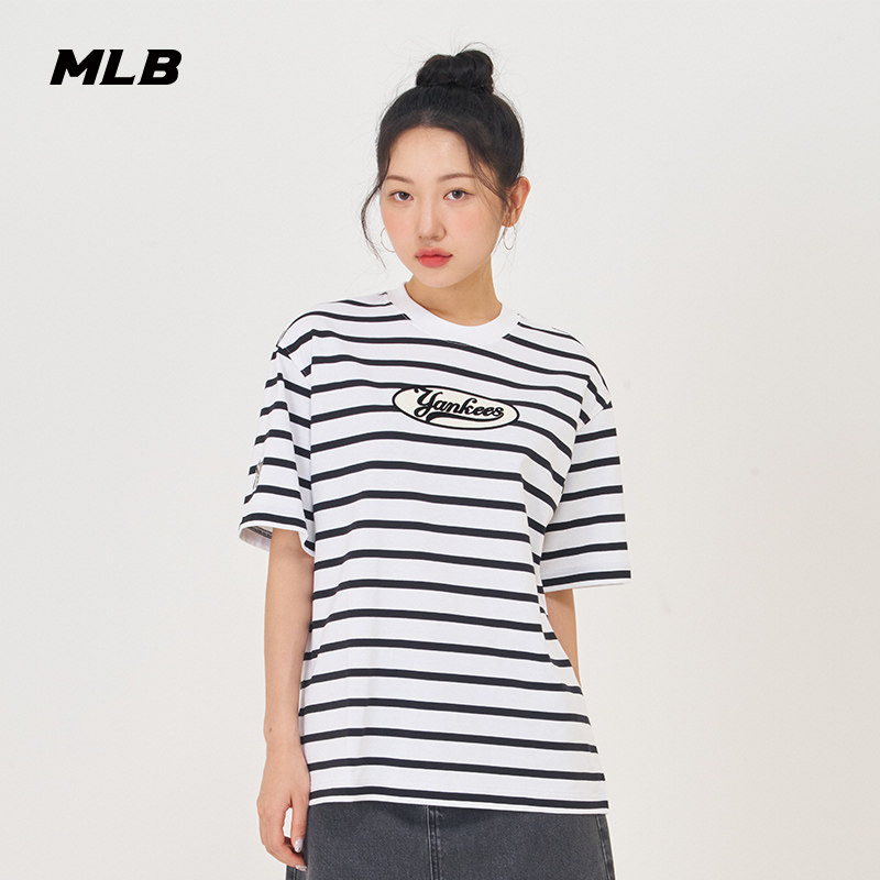 MLB官方 男女情侣运动学院风纯棉短袖圆领条纹T恤24夏季新款TSV19图片