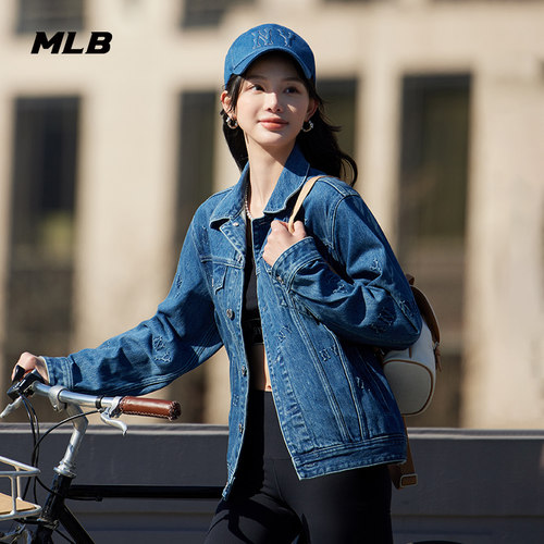 MLB官方 男女情侣休闲复古老花系列水洗牛仔外套24春夏新款DKM03