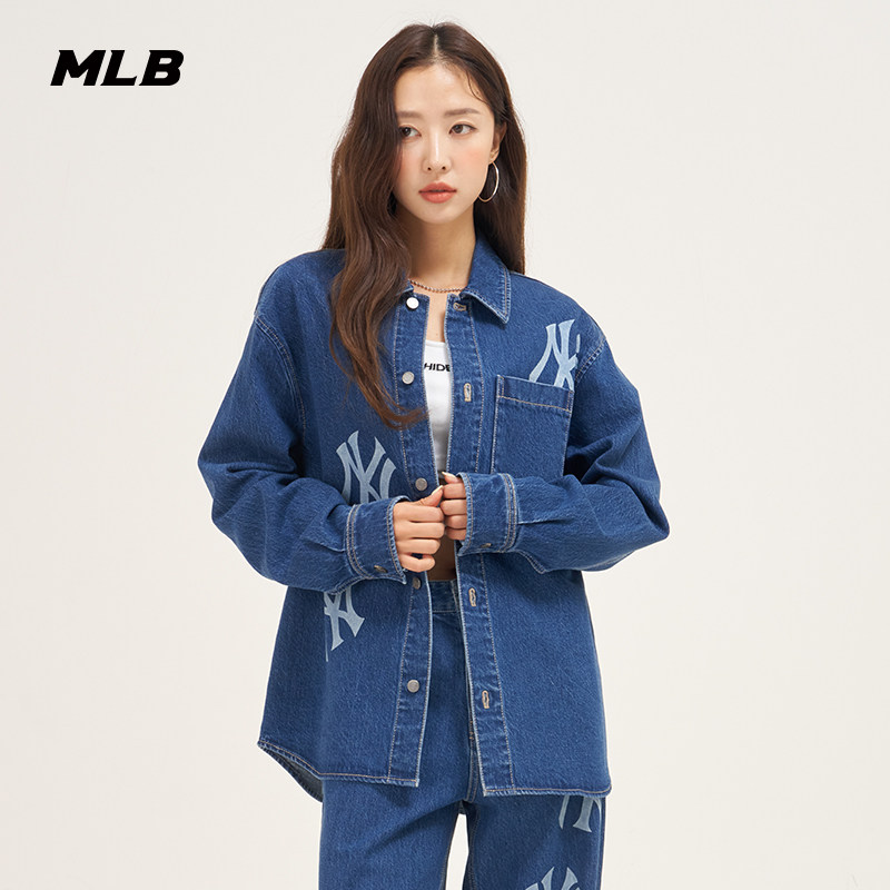 MLB官方 男女情侣纯棉大logo牛仔衬衫外套宽松休闲秋季DRB03