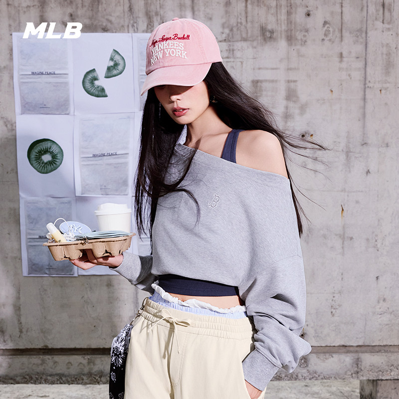 MLB官方女款潮流纯色露肩上衣精致小logo长袖卫衣25秋季新款MTB04