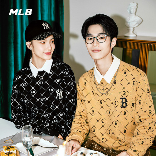 MLB官方同款情侣钻石老花时尚圆领卫衣春季MTM01
