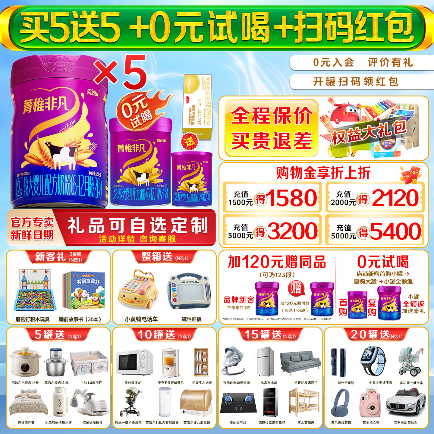 【买5发10】完达山菁稚非凡2段750g*5罐婴幼儿配方牛奶粉乳铁蛋白