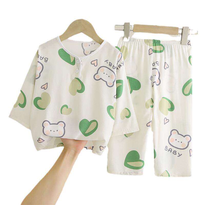 儿童睡衣夏季薄款棉绸男孩女孩小孩男童空调服宝宝绵绸女童家居服