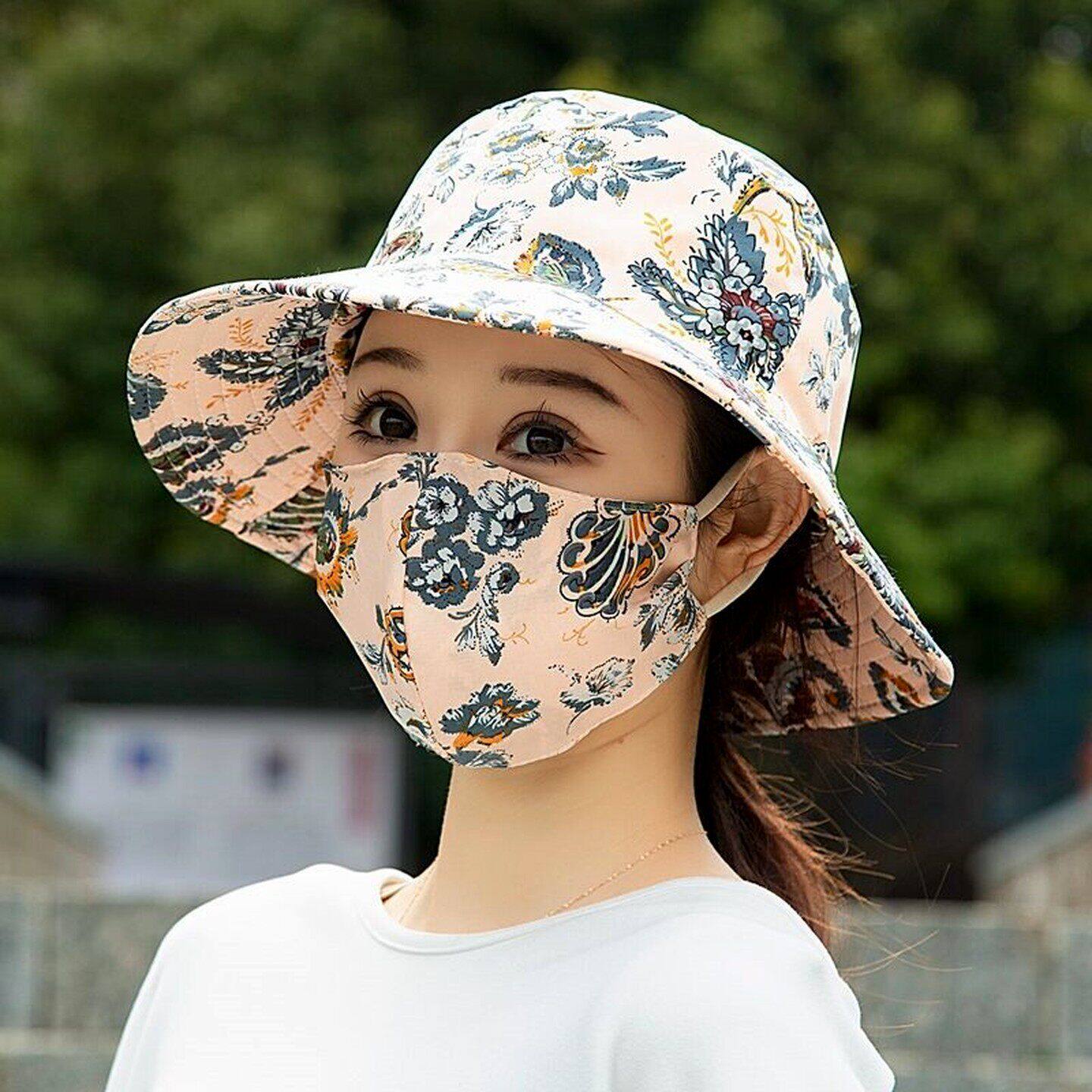 夏季新款口罩一体防晒帽遮阳大沿干活紫外线采茶太阳渔夫帽女妈妈